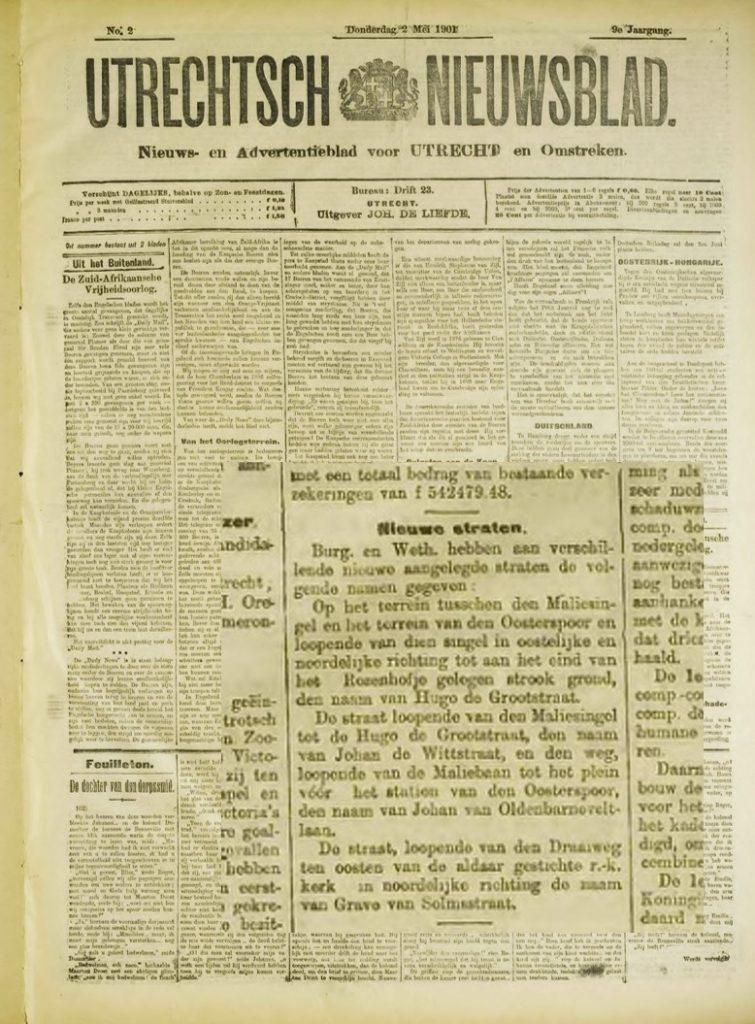 Aankondiging nieuwe straatnamen in het Utrechtsch Nieuwsblad, 2 mei 1901