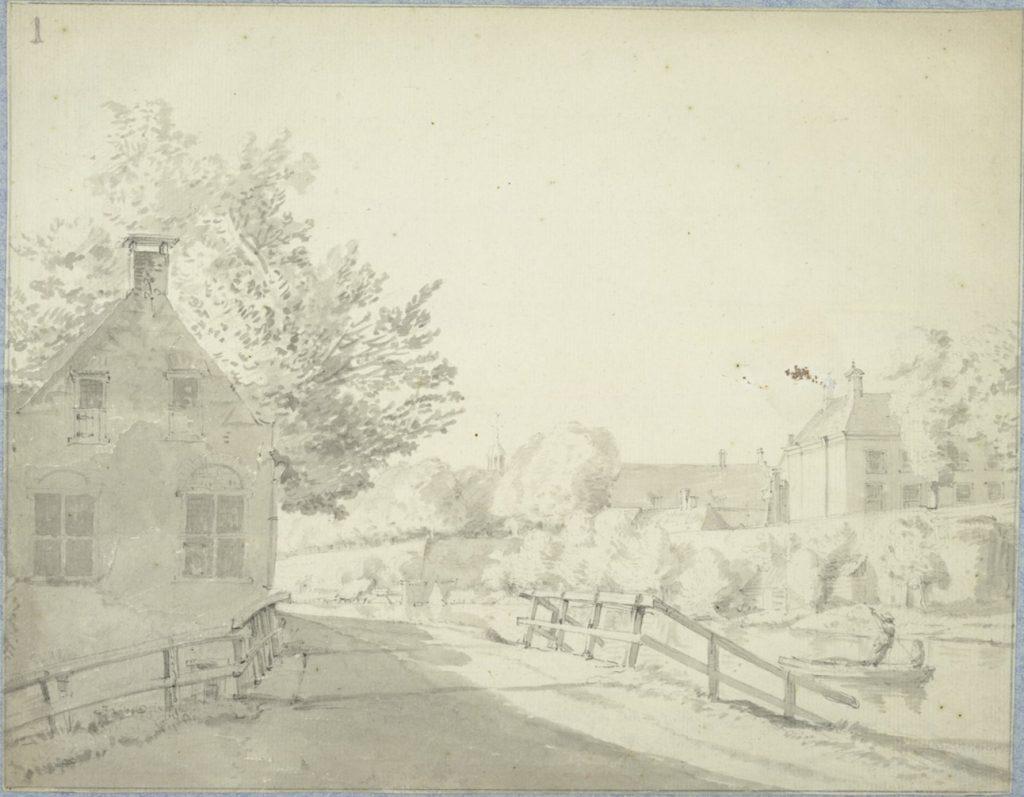 Tekening uit 1765 van het Fundatiehuis en de singel met wal