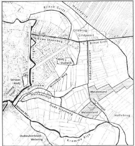 Kaartje met de bebouwing van begin 19e eeuw waarop melatenland , Oudwijk en de Servaasabdij ingetekend zijn (Uit: LA Van der Tuuk, De vroege topografie van de Utrechtse buitengerechten Oudwijk en Abstede, 2001).