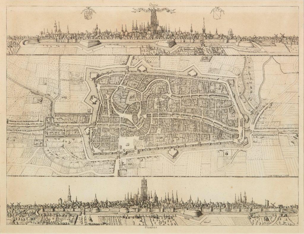 Utrecht 1598, met bovenaan een stadsgezicht vanuit het oosten en onderaan vanuit het Westen © Centraal Museum.